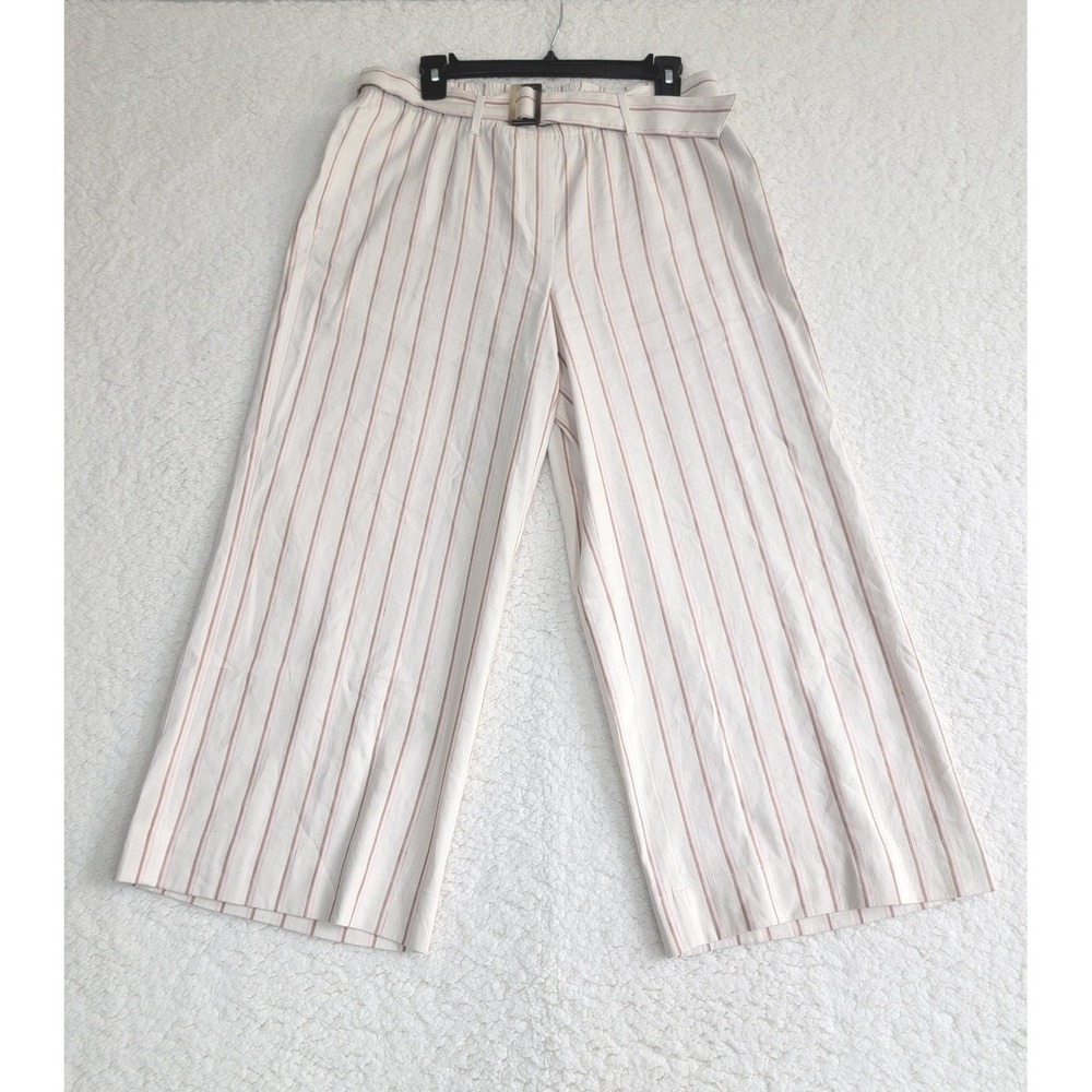 J. Jill Linen Blend Wide Leg Crop Pants Medium Beige Pink Striped Belted Coastal - Picture 2 of 8